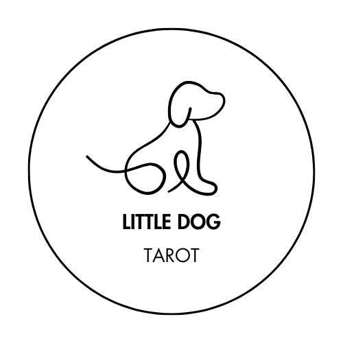 A black and white circular logo with the line drawing of a small dog with floppy ears that is sitting down. The words Little Dog Tarot are printed beneath the drawing of the dog.